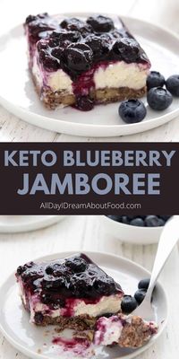 This keto blueberry jamboree is rich and satisfying, and easy to make. Pecan studded crust, creamy vanilla filling, and a sweet blueberry topping, it’s the ultimate low carb dessert for blueberry lovers!