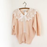 Vintage Sweaters | Vintage 8s Baby Pink Lace Fairy Kei Bow Sweater | Poshmark