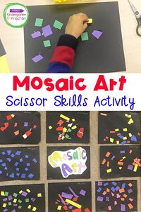 Finding activities to help strengthen fine motor muscles doesn’t have to be complicated or hard. This simple and fun mosaic art scissor skills activity for Pre-K & Kindergarten will have your students practicing cutting skills while also making beautiful art!