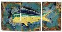 My Maui Mahi Mahi wall hanging is a relief design giving it a distinctive 3D appearance. It can also be tiled in as a kitchen backsplash, shower tile, bathroom tile, and wall tile. Size 30 x 18 x 1 1/2", 27 lbs., wire hook on the back, velcro to attached the driftwood. Made at my studio on the island of Maui, Hawaii. It can be used indoors or outdoors in freezing or desert climates. The clay body is porcelain allowing the glazes to have a vibrant glass-like shine, stoneware provides durable.