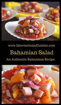 Bahamian said is light, fresh and an absolute delight.  In the Bahamas this salad is served with conch.  I could not obtain conch, so had to settle for some calamari instead.  Which ever you use, you will love this one!