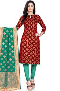 Get gorgeous in this deep red brocade churidar suit which will provide you with unmatched comfort all day. This keyhole neck and elbow sleeve party wear attire is designed using woven zari work. Available with silk churidar in mint green and a mint green banarasi dupatta. #Churidarsuit #salwarkameez #malaysia #Indianwear #andaazfashion #eidcollection