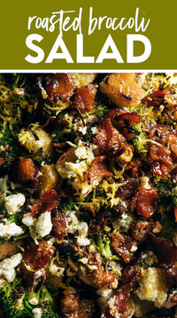 Liz's Roasted Broccoli Salad! This Roasted Broccoli Salad is EVERYTHING! Bright lemon, crisped-up bacon, tangy feta, and it's all built around a big bowl of roasted broccoli. A true hero of a meal! #roastedbroccoli #broccolisalad #salad