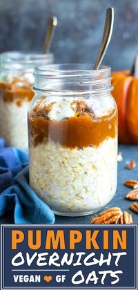 Healthy Pumpkin Overnight Oats are loaded with pumpkin puree, pie spice, maple syrup, and cashew or almond milk.  This easy overnight oatmeal recipe is vegan, gluten-free, vegetarian, and can be meal prepped ahead for an easy grab-and-go breakfast. #pumpkin #overnightoats #oats #oatmeal #vegan #glutenfree