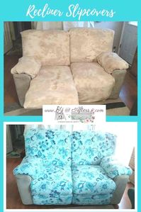 pinterest graphic for recliner slipcovers showing before and after