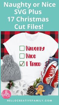  

He's making a list and checking it twice! Get this adorable Naughty, Nice, I Tried SVG File along with 17 Free Christmas Cut Files from our creative friends! Perfect for handmade holiday gifts and Christmas crafts using your Cricut Maker, Cricut Explore, Cricut Joy or SIlhouette Cameo! 

