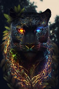 Introducing "Black Panther", a captivating piece of art featuring a black panther hiding in the shadows with piercing yellow and blue eyes. The panther is surrounded by mystical neon lines, adding depth and intrigue to the piece. This art is perfect for those who want to add a touch of mystery and elegance to their home or office.