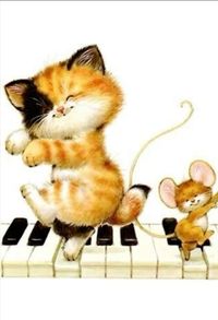 This is cute artwork of a calico cat dancing on a piano keyboard while a mouse is dancing next to it.