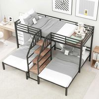 This Twin Standard Bunk Bed is the perfect addition to any growing family. With its sturdy metal frame, this bed is designed to stand the test of time. Featuring a modern and sleek design, it will look great in any bedroom. It comes with a staircase and storage shelves to help keep your child's belongings organized. The staircase is easy to access and provides a safe way to get up to the top bunk. Plus, this bed is designed to fit any standard twin-size mattress, and no box spring is required. B