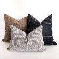 "I T E M S Keeping it Interesting Set Set of three pillow covers: (1) 22\"x22\" Cocoa | Same Back (1) 20\"x20\" Blue Charcoal Plaid | Same Back (1) 14\"x20\" Deeply Woven Gray | Same Back - Decorative pillow inserts sold separately. F I T - Use a 20\"x20\" pillow cover with a 22\"x22\" insert for a full look. C A R E - Spot Clean."