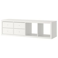 KALLAX shelf unit with 2 inserts, with 4 drawers/white, 57 5/8x16 3/8 ". Standing or lying against the wall– the KALLAX series is eager to please and will adapt to your taste, space, budget and needs. Fine tune with drawers, shelves, boxes and inserts. Particleboard.