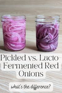 Learn the difference between pickled & lacto-fermented red onions, plus the easy method for making lacto-fermented red onions! These red onions are the perfect probiotic topping to any number of dishes.