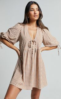 Rosita Mini Dress - Tie Front Puff Sleeve Dress in Caramel & White Gingham | Showpo USA