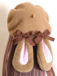 Bowknot Details Brown Bunny Ears Beret