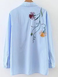 Blue Vertical Striped Embroidery High Low Blouse