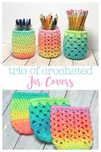 Make a cute storage solution for your school supplies, office supplies, craft supplies, or anything else you want, with these crocheted jar covers that fit on a pint size mason jar. The pattern includes three different stitch versions so you can make all three or the one you like the best. Perfect for holding pens and pencils, crochet hook, paintbrushes, etc.