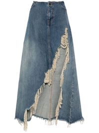 indigo blue cotton washed denim raw-cut finish distressed finish ripped detailing A-line mid-rise front button and zip fastening classic five pockets high-low hem long length