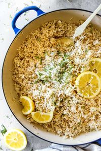 One Pot Greek Lemon Rice (stove top or rice cooker) infused with bright, fresh lemon and zippy dill and the option of butter and feta!   It’s wonderfully easy and so good you will be eating straight from the pot!