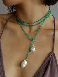 Serenity in Green: Extra-Long Green Agate Double Baroque Pearl Necklace