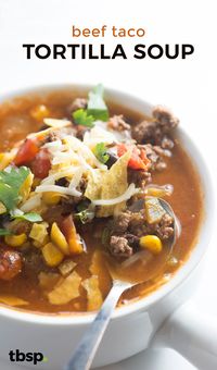 This simple tortilla soup is loaded with ground beef and plenty of veggies. Mix things up with a beef taco-inspired tortilla soup instead of the more traditional chicken version.