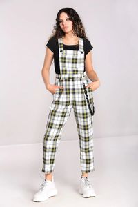 Tartan dungarees in white,yellow and black tartan Bib on chest has large pocket in self fabric Cross over straps at the back Straps adjustable with buttons Zip & button for fastening on centre back Fitted waistband in self fabric Tapered trousers on leg Pockets on front of legs Darts into waist for hip shaping Fabr