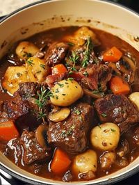 Traditional French stew featuring beef, mushrooms, and a rich sauce. Ingredients:  3 lbs beef chuck, cut into 2-inch pieces 6 slices bacon, chopped 1 large onion, finely chopped 3 carrots, sliced 2 garlic cloves, minced 2 cups beef broth 2 tablespoons tomato paste 1 lb mushrooms, quartered 1/4 cup all-purpose flour 3 tablespoons olive oil 1 bouquet garni (thyme, bay leaves, parsley) Salt and pepper to taste Instructions:  Prepare Ingredients:  Heat olive oil in a large pot over medium heat. Add bacon and cook until crisp. Remove bacon and set aside. Brown Beef:  Season beef with salt and pepper. Brown beef in batches in the same pot. Remove and set aside with bacon. Cook Vegetables:  In the same pot, add onion, carrots, and garlic. Cook until onion is translucent. Sprinkle flour over veget