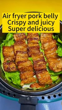 Air fryer pork belly! These delicious bites are crispy on the outside, and juicy on the inside.