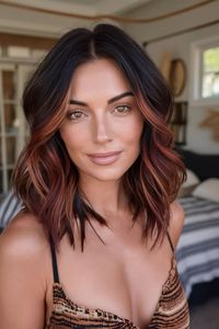 This fall haircut showcases a layered lob with rich copper balayage highlights, adding warmth and depth to your hair. The subtle waves enhance texture, making it perfect for those seeking a natural yet striking autumn look. Ideal for medium-length hair, this style offers a chic and effortless transition into the cooler months.