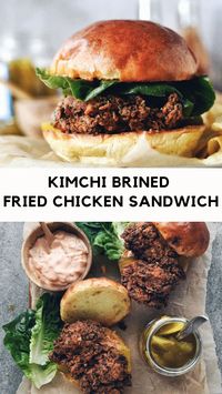 The BEST Korean Fried Chicken Sandwich! Kimchi juice and buttermilk brine makes the flavor truly putstanding. A combination of potato starch and regular flour makes the crispiest buttermilk fried chicken sandwich ever! Make for your friends on game days or the next party. Serve with kimchi mayo and a soft brioche bun. 