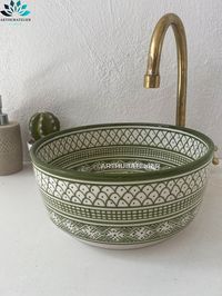 Bathroom Vessel Sink Made From Ceramic 100% Handmade Hand Painted, Green Ceramic Sink Decor Built With Mid Century Modern Styling - Etsy