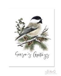 There is nothing prettier than a little Chickadee bird to brighten your walls at the holidays. Perched on a branch in this composition, this charming bird in a winter evergreen scene is a seasonal favorite for any bird lover. From my original artwork, frame and mat are not included. Size: Available in a variety of sizes to best suit your space. Please contact me if you need a custom size. Paper: Printed on high quality, acid free paper fine art paper. Layout: PORTRAIT. Landscape is available upo