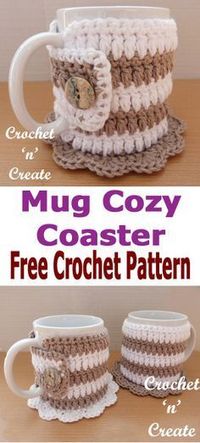 Crochet mug cozy coaster, keep your hot drinks warm and save your tables and desks from scratches, FREE crochet pattern. #crochetncreate #crochetmugcozy #crochetcoaster