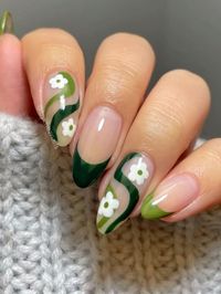 two tone dark green french tips with swirls and flowers