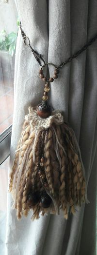 Tassel for curtains with crochet flower on the top, wooden knob, beads and chain for gathering #tassel# #curtaintassel# #decortassel# #handmadetassel#