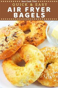 These Quick and Easy Air Fryer Bagels are made with 5 simple ingredients, including Greek yogurt (but no yeast), and are ready to eat in just 30 minutes. Plus, they're lower in calories than most store-bought bagels and less expensive too. You've got to try them to believe how good they are! Get the recipe and give it a go!