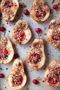 Baked Pears with Honey, Cranberries and Pecans. A healthy holiday dessert option.