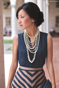 <business casual outfit for work> Striped skirt, navy top, and pearl necklace - add cropped cardigan or a blazer.