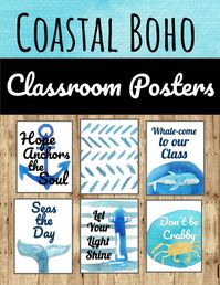 This set of classroom decor features subtle beach vibes, nautical inspiration, shiplap, and watercolor. This theme has a fresh and modern feel. This is perfect for creating a vacation vibe in your classroom!
This file contains 13 motivational poster designs that can be used on a bulletin board or as wall art.