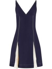 navy blue contrasting panel detail contrast stitching dart detailing V-neck concealed rear zip fastening spaghetti straps front slits rear slits flared hem