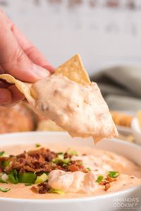 This warm Crockpot cheese dip is a tasty combo of bacon, cheddar and ranch. A favorite appetizer for parties, holidays, football, and more.