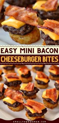 Grab some crown potatoes for the perfect game day food! Stacked with little patties, cheese, and bacon, these mini cheeseburger bites will be a bit hit at your football party. Save this appetizer recipe or snack idea!