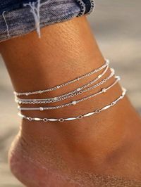 5pcs/Set Simple Stacking Beaded Anklet For Women's Elegant Foot Jewelry, Suitable For Beach Party | SHEIN