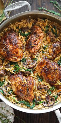 ONE-POT Creamy Chicken Orzo with Spinach and Mushrooms. It's a 30-minute one-pan well-balanced weeknight meal that has everything: protein, veggies, and pasta! Skinless boneless chicken thighs are pan-seared with paprika and Italian seasoning. It's the perfect comfort food that will surely become one of your family's favorite dinners!