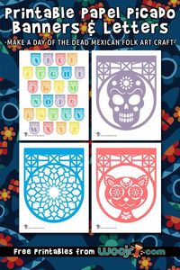 A set of printable papel picado banner panels, alphabet letters and numbers to make a Day of the Dead banner!