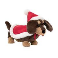 Dachshund through the snow! The Jellycat Winter Warmer Otto Sausage Dog is setting new trends for holiday fashion! This floppy-eared pup wears a bold red hat-and-cape combo, with a fleecy trim and bobble pompom, which fastens on with a red ribbon tie. It goes so well with Otto's cocoa fur, splashed with caramel patches! 6 inches x 3 inches Tested to and passes the European Safety Standard for toys: EN71 parts 1, 2 & 3, for all ages. Suitable from birth. Hand wash only; do not tumble dry, dry clean or iron. Not recommended to clean in a washing machine. Check all labels upon arrival of purchase. Click here for more fun, cute plush like the Jellycat Winter Warmer Otto Sausage Dog!