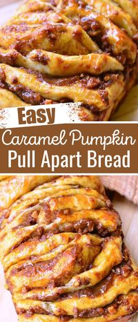 Easy pull apart bread made with sweet mixture of pumpkin, caramel, and pecans. This Pumpkin Pull Apart Bread is quickly made with pre-made pizza dough and each layer is filled with pumpkin, pecans, and caramel. Beautiful pumpkin caramel seasonal treat to wake up to in the morning.