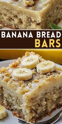 🍌 Banana Bread Bars are the perfect sweet treat! These moist bars are loaded with ripe bananas and topped with a creamy frosting. Great for snacks, breakfast, or dessert, they’re quick to make and absolutely delicious. 💡 Save this pin and enjoy a bite of banana goodness! #BananaBreadBars #DessertRecipes #BakingJoy #EasySnacks #SweetTreats 🍫🍌