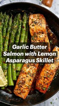 This salmon and asparagus recipe will have you enjoy a delicious and nutritious dinner. Salmon fillets are pan-seared to flaky perfection and tossed in a delicious lemon garlic butter sauce with asparagus. Packed with a lot of flavors!  https://www.eatwell101.com/garlic-butter-salmon-lemon-asparagus-skillet-recipe