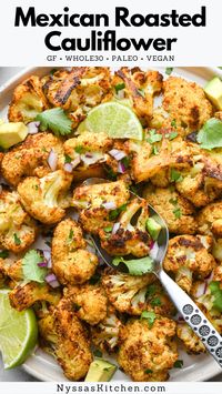 Mexican inspired roasted cauliflower is so flavorful and easy it might just become your new favorite veggie side dish! Cauliflower florets are tossed with flavorful spices and roasted until crispy and caramelized, served with a healthy squeeze of lime juice, cilantro, red onion, and maybe even some avocado for good measure. Gluten free, paleo, vegan, AND whole30 friendly!