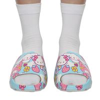 Step into style with these Hello Kitty slides. The slides come in sky blue with an off-white interior and feature images of Hello Kitty, Cinnamoroll, and My Melody surrounded by flowers, hearts, clouds, and strawberries. The slides are equipped with a soft footbed to help your feet stay comfy throughout the day. Hello Kitty fans will love these comfy slides.